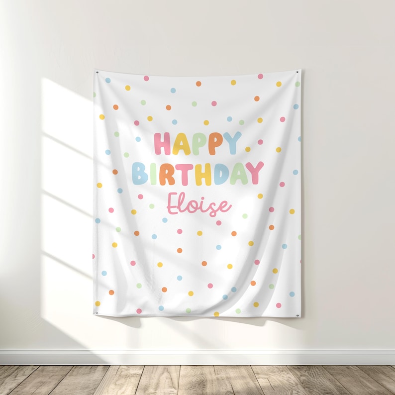 May include: White birthday banner with colorful polka dots and the text "HAPPY BIRTHDAY Eloise" in pastel colors. The banner is rectangular and hangs on a white wall, with a wooden floor visible below.