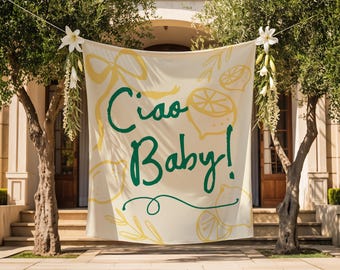 Fondo para baby shower Ciao - Decoración de pancarta de tela para baby shower con diseño de limón neutro - Letrero de bandera grande