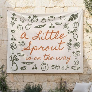 A Little Sprout Backdrop | Farmer&#39;s Market Baby Shower Fabric Flag Decor | Hand Drawn Little Sprout is on the Way Vegetable Banner S807