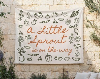 A Little Sprout Backdrop | Farmer's Market Baby Shower Fabric Flag Decor | Hand Drawn Little Sprout is on the Way Vegetable Banner S807