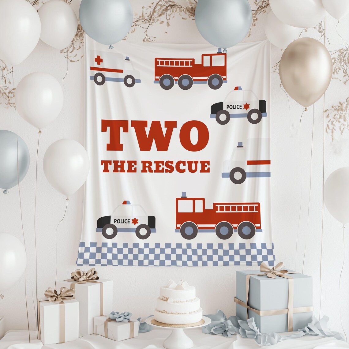Two the Rescue Birthday Backdrop | Emergency Vehicle Birthday Party ...