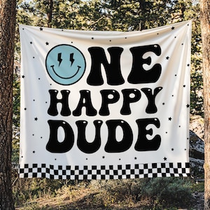 One Happy Dude 1st Birthday Fabric Backdrop | Blue Lightning Bolt Eyes Smile Face First Birthday Party Banner | One Happy Dude Decor