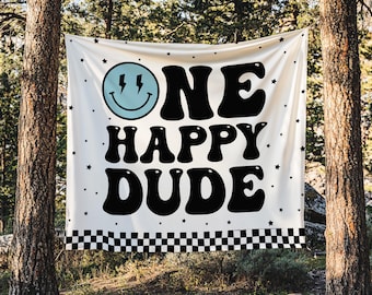 One Happy Dude 1st Birthday Fabric Backdrop | Blue Lightning Bolt Eyes Smile Face First Birthday Party Banner | One Happy Dude Decor