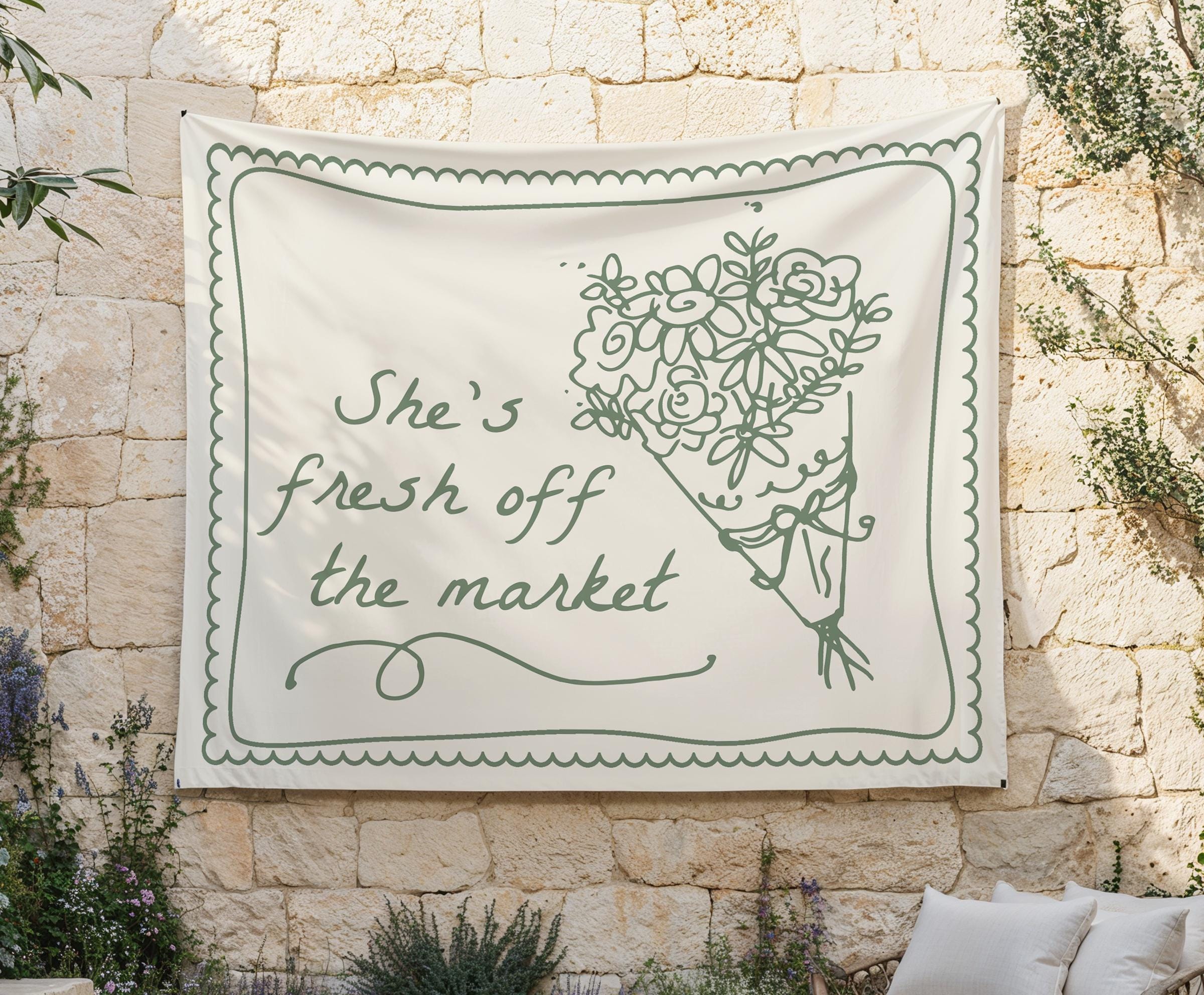 Fresh off the Market Backdrop | Green Hand Drawn Farmer's Market Bridal Shower Decor | She's Fresh off the Market S848
