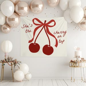 Cherry on Top Fabric Banner Backdrop | Coquette Bow Cherry Birthday Party Banner | Bow Tapestry for Cherry Bridal Shower S745