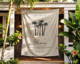 Palm Tree Bachelorette Party Banner - Fabric Bach Party Large Backdrop - Personalized Tropical Bridal Shower Sign Decor