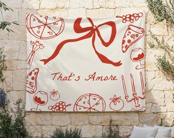That&#39;s Amore Backdrop | Hand Drawn Italian Pizza Bridal Shower Fabric Banner Decor | Pizza and Wine Shower Tapestry S761