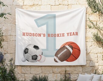 Sfondo per il compleanno del primo anno da rookie / Striscione in tessuto personalizzato a tema sportivo per il primo compleanno di un bambino / Grande insegna All Star per decorazioni per feste S628