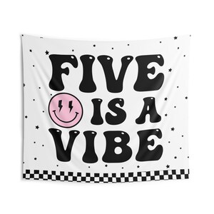Five is a Vibe Backdrop in Pink | 5th Birthday Banner | Lightning Bolt Eyes Smile Face Fifth Birthday Decor Wall Tapestry