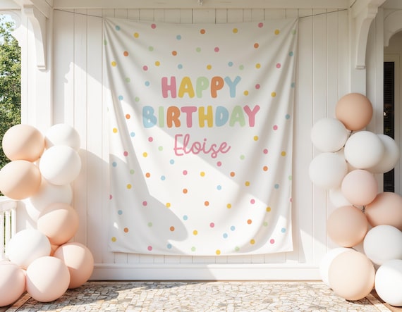 Happy Birthday Backdrop - Polka Dot Personalized Girl Birthday Banner - Whimsy Large Fabric Flag  S1012