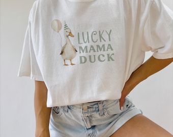 ラッキーダックのママ用お揃いシャツ | ラッキーママダックTシャツ | ダッキー1歳の誕生日衣装グラフィックシャツ S741