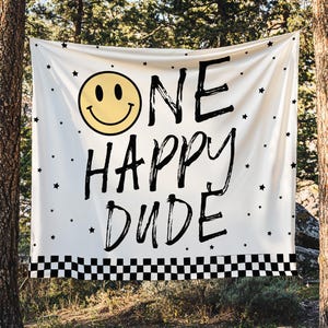 One Happy Dude Birthday Backdrop | Happy Face 1st Birthday Banner | One Happy Dude First Birthday Party Decor Wall Tapestry