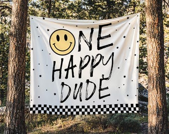One Happy Dude Birthday Backdrop | Happy Face 1st Birthday Banner | One Happy Dude First Birthday Party Decor Wall Tapestry