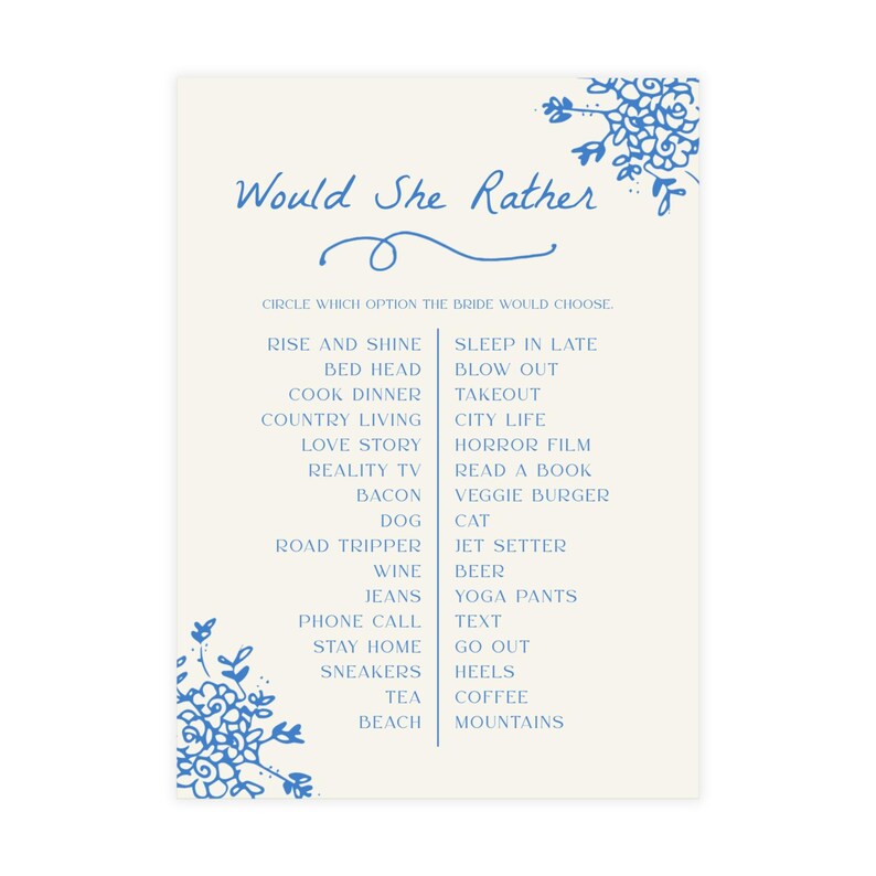 PRINTED + SHIPPED Would She Rather Game for Fresh off the Market Bridal Shower | Love in Bloom Wedding Shower Activity S748 image 3
