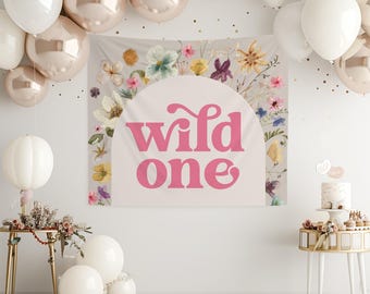 Wild One Backdrop | Wildflower 1st Birthday Party Decor | Our Little Wildflower is a Wild ONE Large Fabric Banner Sign S717