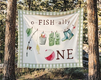 O-Fish-ally ONE födelsedagsbakgrund | Tygbanderoll för fiskefestdekorationer | o Fish ally 1 stor skylt S464