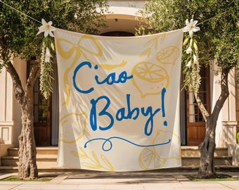 Fondo para baby shower Ciao / Decoración de tela para baby shower con limón / Letrero grande con la bandera "Ciao Baby" de cítricos italianos S894
