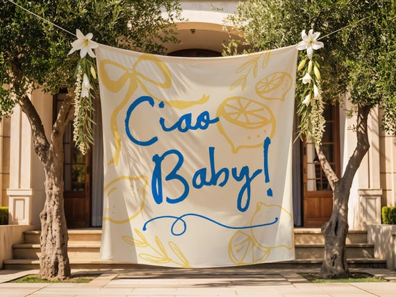 Ciao Baby Shower Backdrop | Lemon Baby Shower Fabric Banner Decor | Italian Citrus Ciao Baby Large Flag Sign S894