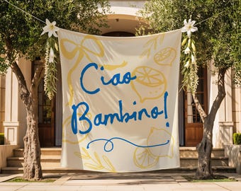 Fondo de ducha Ciao Bambino / Decoración de tela para baby shower con limón / Letrero grande con bandera de Ciao Baby con cítricos italianos S894