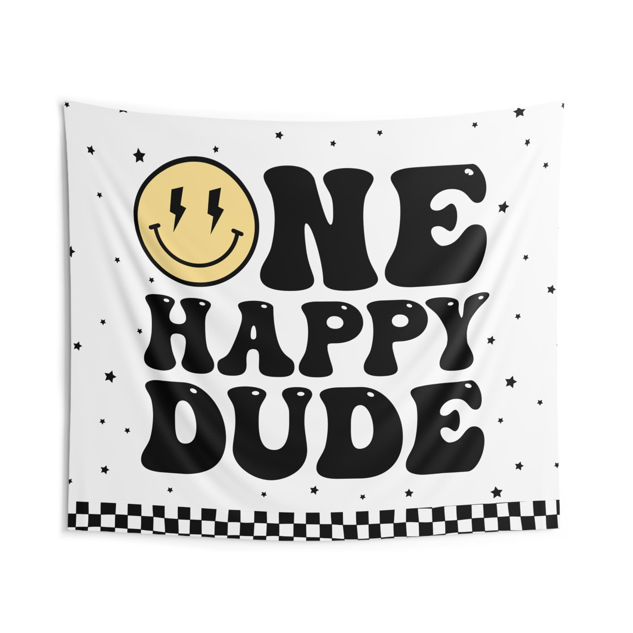 One Happy Dude Backdrop | 1st Birthday Banner | Lightning Bolt Eyes Yellow Smile Face First Birthday Decor | One Happy Dude Wall Tapestry