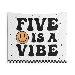Five is a Vibe Backdrop | 5th Birthday Banner | Lightning Bolt Eyes Smile Face FifthBirthday Decor Wall Tapestry