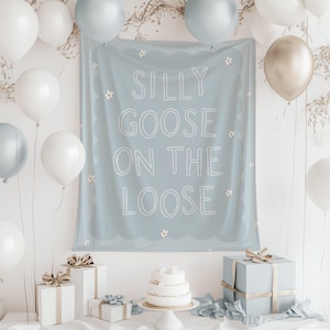 Silly Goose on the Loose Birthday Backdrop | One Silly Goose 1st Birthday Party Fabric Banner Decor | Boy Goose Large Flag Sign S826