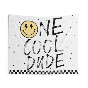 One Cool Dude 1st Birthday Backdrop | Lightning Bolt Eyes Smile Face First Birthday Party Banner | One Cool Dude Decor Wall Tapestry