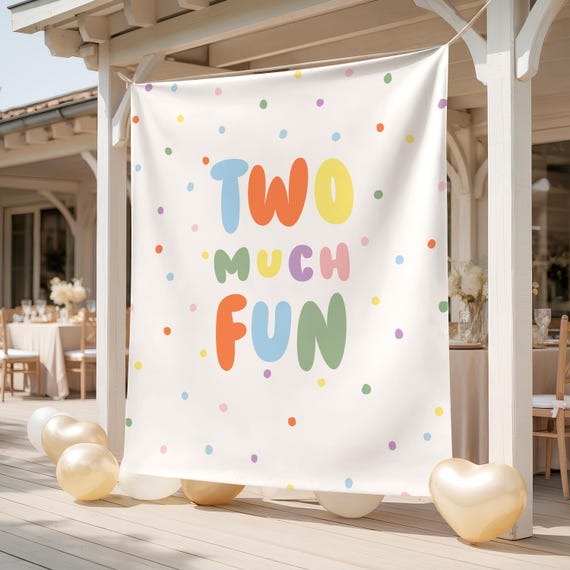 Two Much Fun Birthday Backdrop - 2nd Birthday Theme Banner Party Decor Tapestry S987