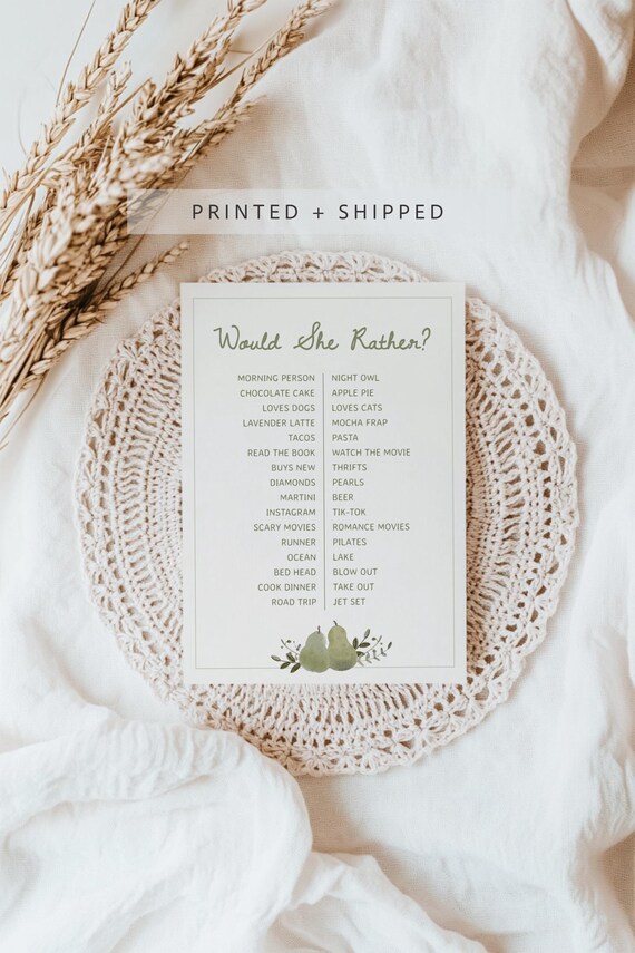 PRINTED + SHIPPED Would She Rather Game for Perfect Pair Bridal Shower - Pear Bridal Shower Game S938
