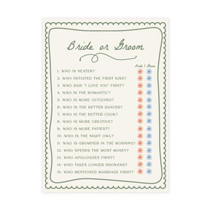 PRINTED + SHIPPED Bride or Groom Game Card for Fresh off the Market Bridal Shower - Green Love in Bloom Wedding Shower Game S848 image 3