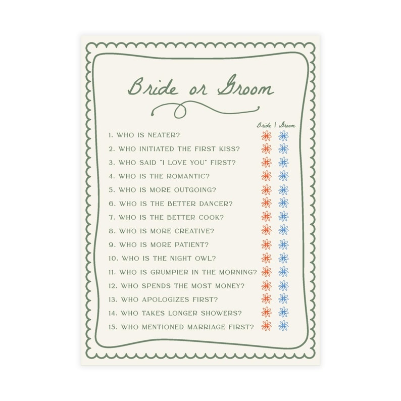 PRINTED + SHIPPED Bride or Groom Game Card for Fresh off the Market Bridal Shower - Green Love in Bloom Wedding Shower Game S848 image 3