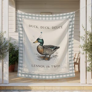 May include: A decorative banner with a duck illustration wearing a party hat. The banner has a light blue and white checkered border and reads "DUCK, DUCK, DEUCE" and "LENNOX IS TWO!"