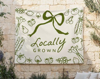 Locally Grown Backdrop | Hand Drawn Farmer&#39;s Market Baby Shower Fabric Flag Decor | Vegetable Baby Shower Banner S791