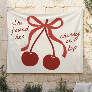 Cherry on Top Backdrop | Coquette Bow Cherry Bridal Shower Party Banner | She Found Her Cherry on Top Bachelorette Fabric Sign S745