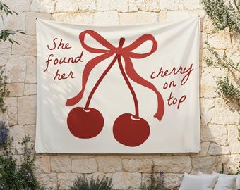 Cherry on Top Backdrop | Coquette Bow Cherry Bridal Shower Party Banner | She Found Her Cherry on Top Bachelorette Fabric Sign S745