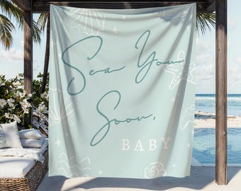 Fondo para baby shower "Nos vemos pronto, bebé" / Pancarta de tela con diseño de conchas marinas / Letrero grande de bandera náutica S932