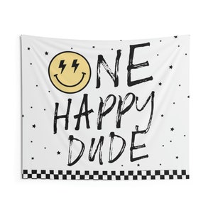 One Happy Dude 1st Birthday Backdrop | Lightning Bolt Eyes Happy Face First Birthday Party Banner | One Happy Dude Decor Wall Tapestry