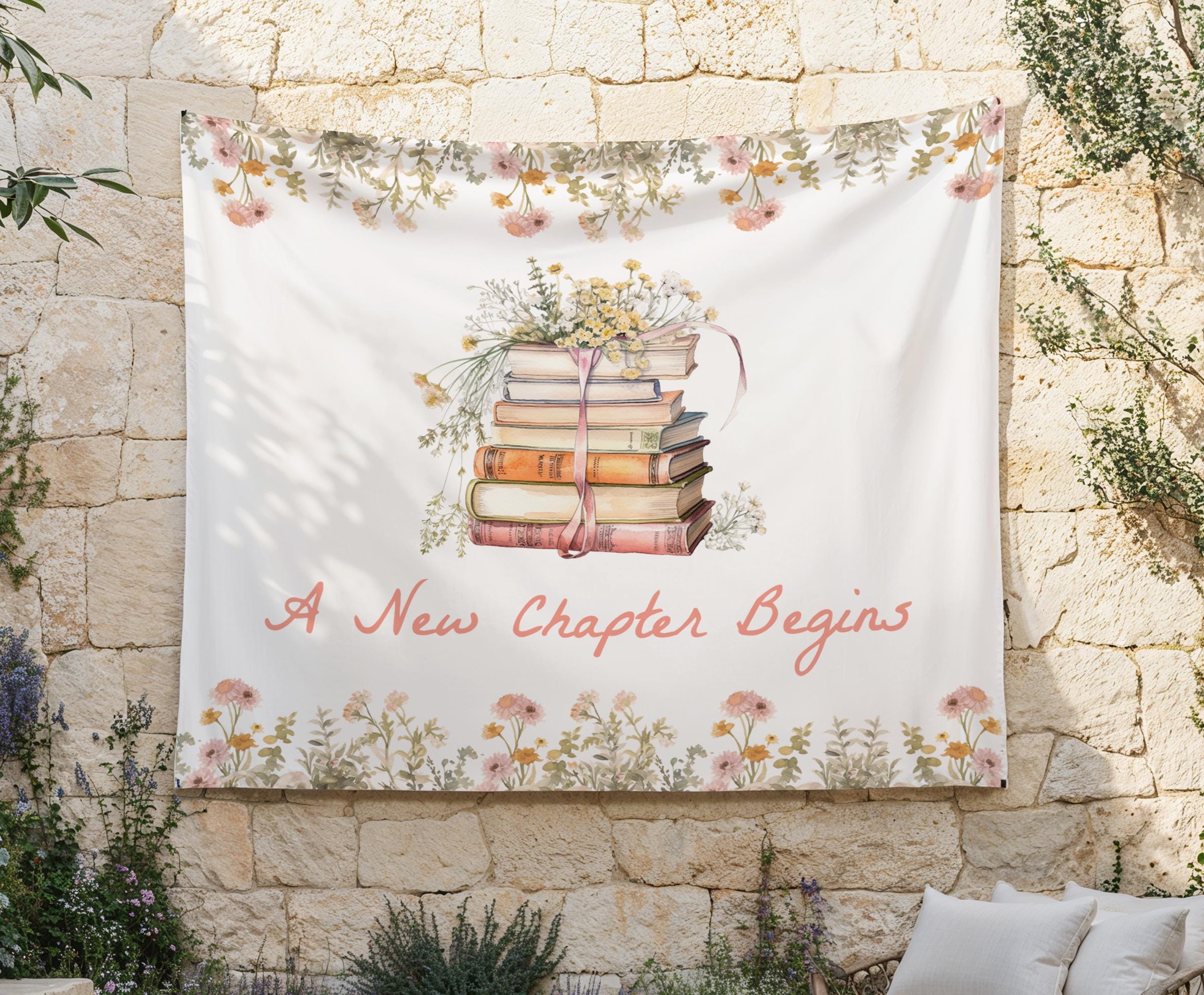 A New Chapter Begins Backdrop | Her Next Chapter Book Bridal Shower Fabric Banner Decor | She's Starting Her Next Chapter S776