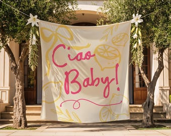 Fondo para baby shower Ciao / Decoración de tela para baby shower con limón / Letrero grande con bandera de Ciao Baby con cítricos italianos S905