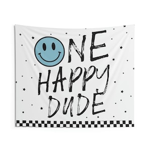 One Happy Dude Birthday Backdrop | Blue Happy Face 1st Birthday Banner | One Happy Dude First Birthday Party Decor Wall Tapestry