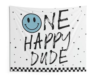 One Happy Dude Birthday Backdrop | Blue Happy Face 1st Birthday Banner | One Happy Dude First Birthday Party Decor Wall Tapestry