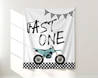 Fast One crossmotor verjaardag achtergrond | Banner 1e verjaardag Racing | Decor verjaardagsfeestje crossmotor | Wandtapijt eerste verjaardag S479
