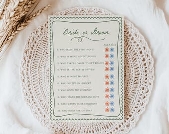 PRINTED + SHIPPED Bride or Groom Game Card for Fresh off the Market Bridal Shower - Green Love in Bloom Wedding Shower Game S848