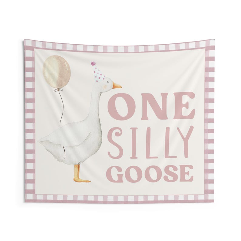 Aperturee Pink White Plaid One Silly Goose Birthday Backdrop main image 1