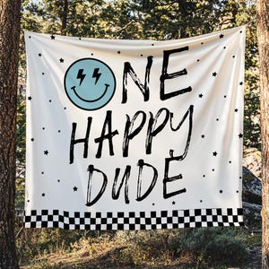 One Happy Dude 1st Birthday Backdrop | Blue Lightning Bolt Eyes Happy Face First Birthday Party Banner | One Happy Dude Decor Wall Tapestry
