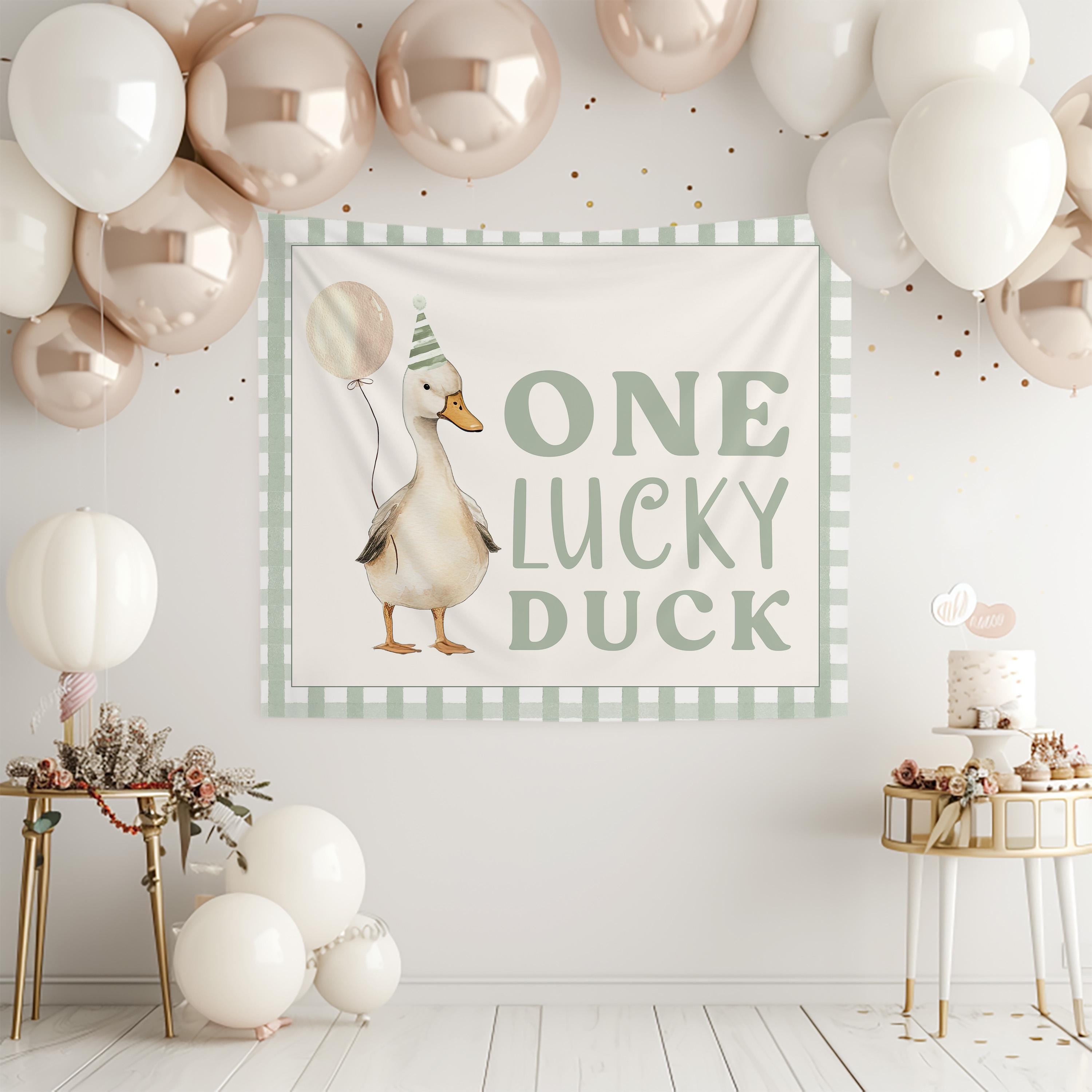 One Lucky Duck 1st Birthday Backdrop | 1 Lucky Ducky First Birthday Party Decor | Duck Large Fabric Banner Sign S741