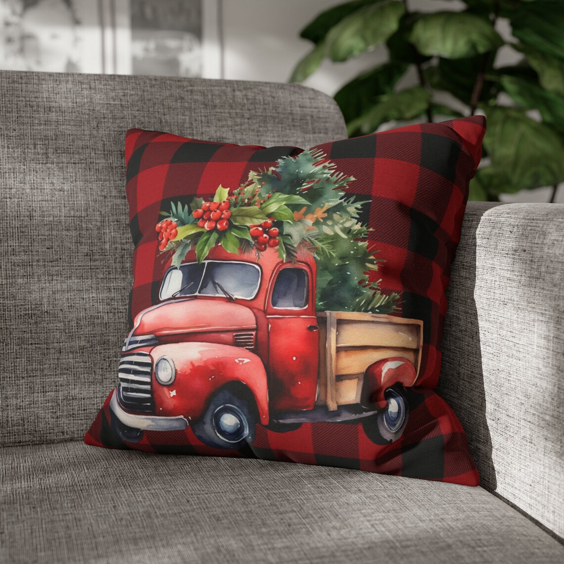 Farmhouse Christmas Throw Pillow Cover Red Plaid With Red Etsy