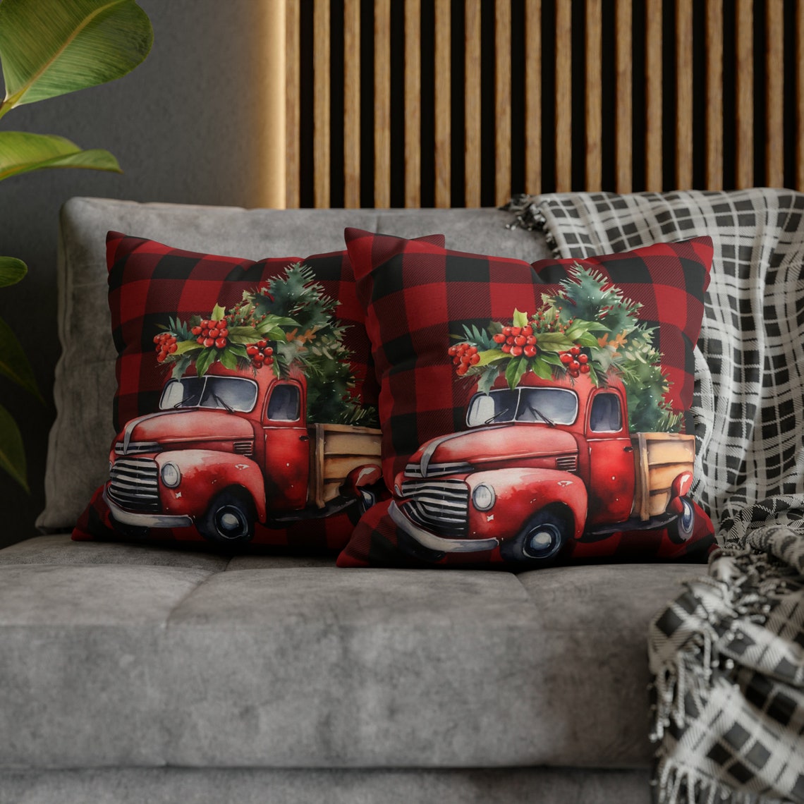 Farmhouse Christmas Throw Pillow Cover Red Plaid With Red Etsy