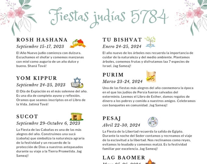 Calendario de Fiestas Judías 5874 20232024 para imprimir Etsy España