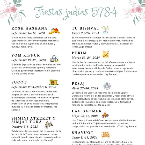 Jewish Holidays Calendar 5874 (2023-2024) to print